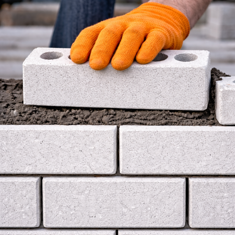 Close-up of white concrete bricks being laid by hand with orange safety gloves during masonry construction in New Zealand