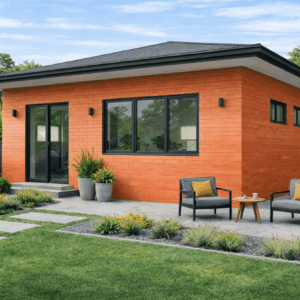 wo-bedroom one-bathroom granny flat with slimline concrete brick exterior set in a landscaped garden