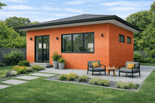 wo-bedroom one-bathroom granny flat with slimline concrete brick exterior set in a landscaped garden