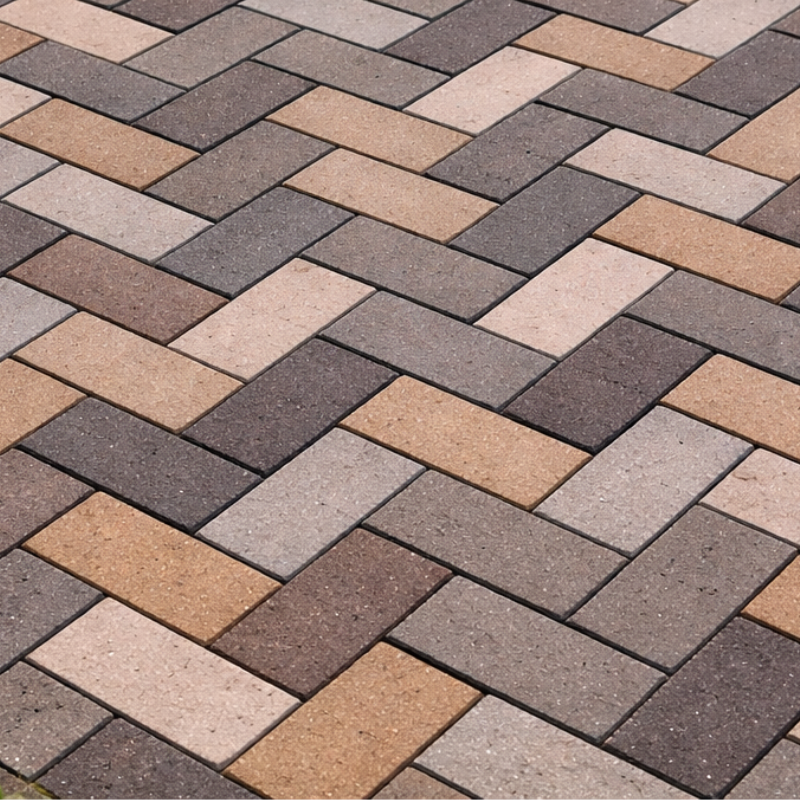 ETERA grey permeable pavers laid in a neat herringbone pattern, 200 x 100 x 50 mm concrete paving for outdoor landscaping in New Zealand